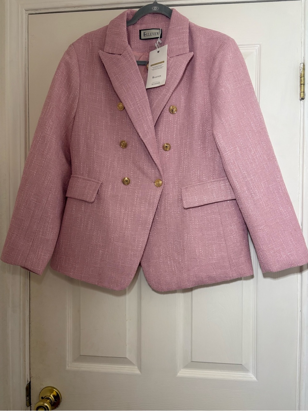 ELLEVEN Pink Tweed Business casual Blazer Jacket Gold Buttons - Picture 2 of 11